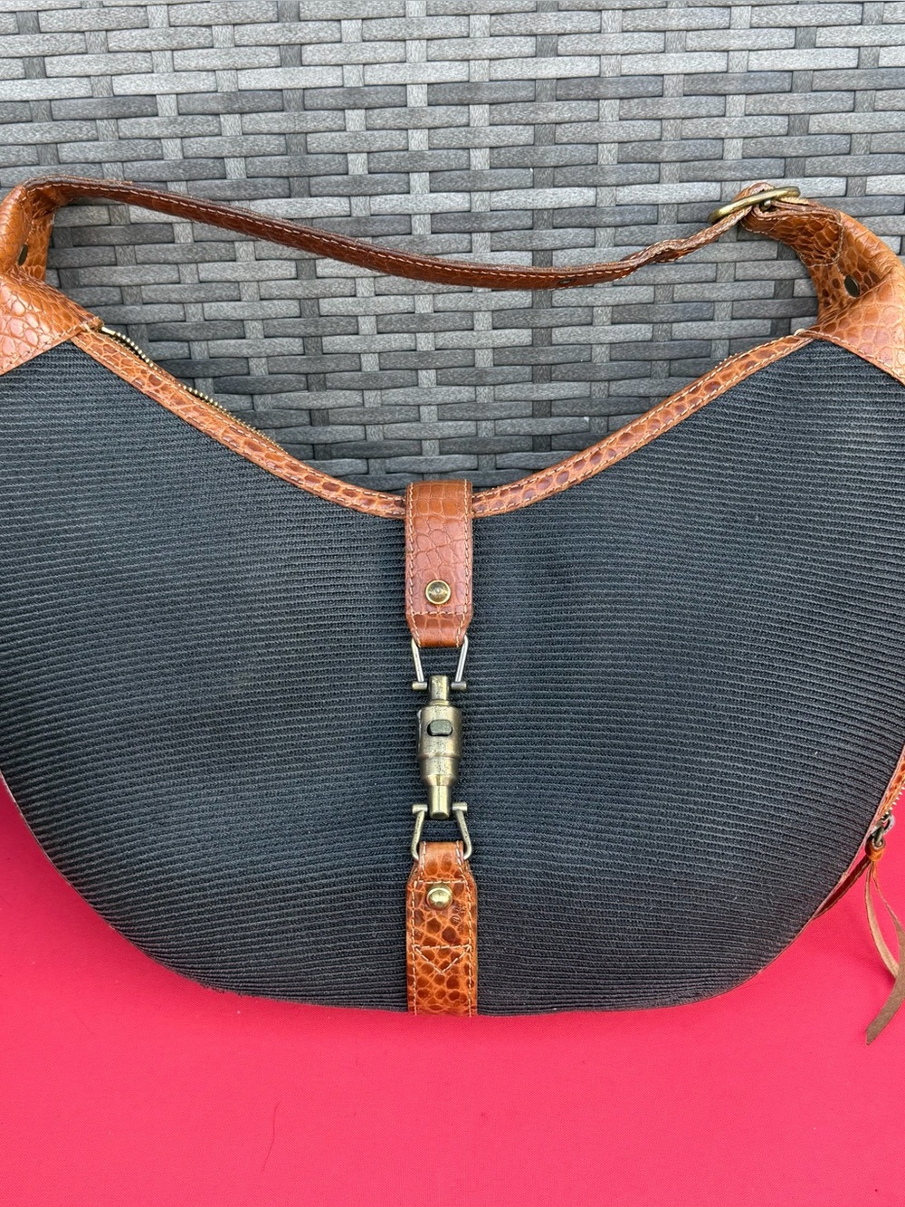Eric Javits Vintage Black Fabric Hobo Shoulder Bag, Brown Croc Leather Trim